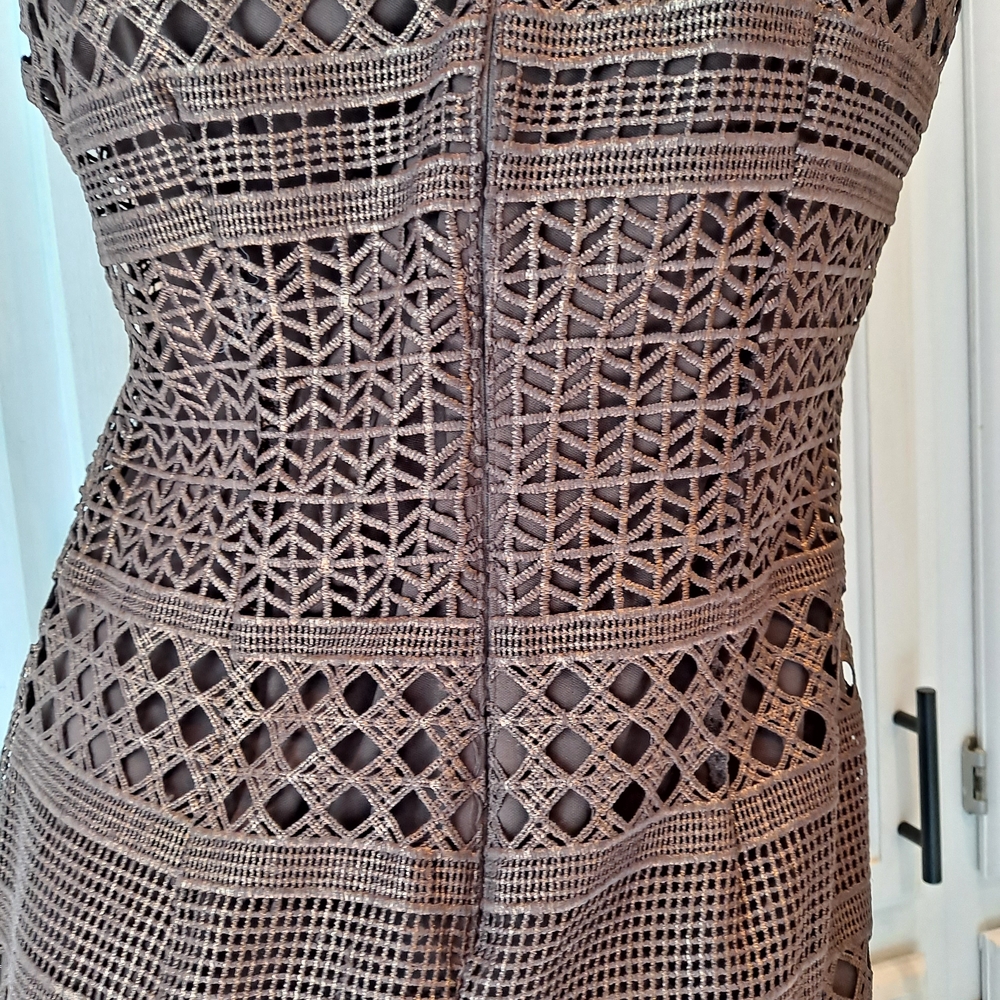 Brown Shimmer Crochet Laser Cut Halter Sheath Dress - Picture 8 of 11